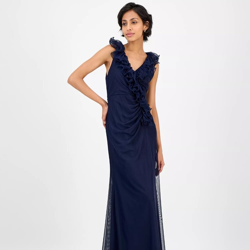 Alex Evenings Petite Ruffled V-Neck Sleeveless Mesh Gown Navy Size 14P